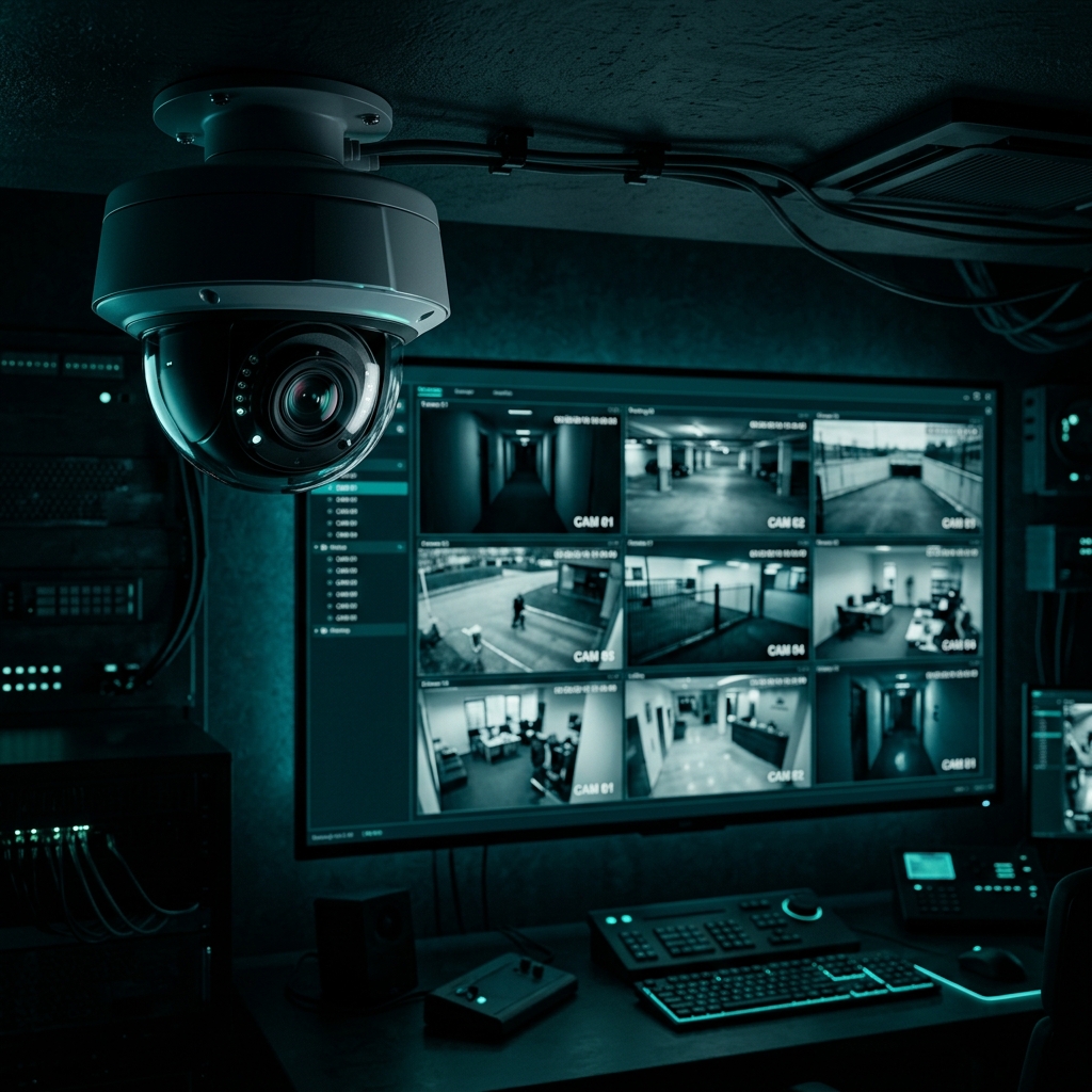 CCTV dome camera with security monitoring screens