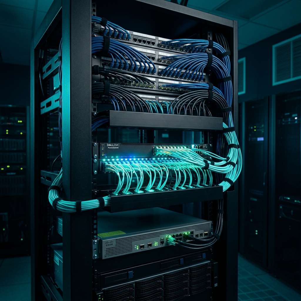 Professional network infrastructure with fiber optic cables and switches