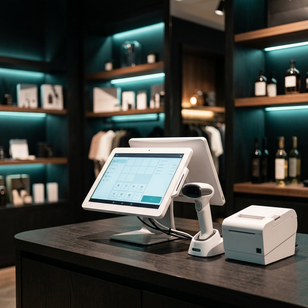 Modern POS terminal with barcode scanner and receipt printer